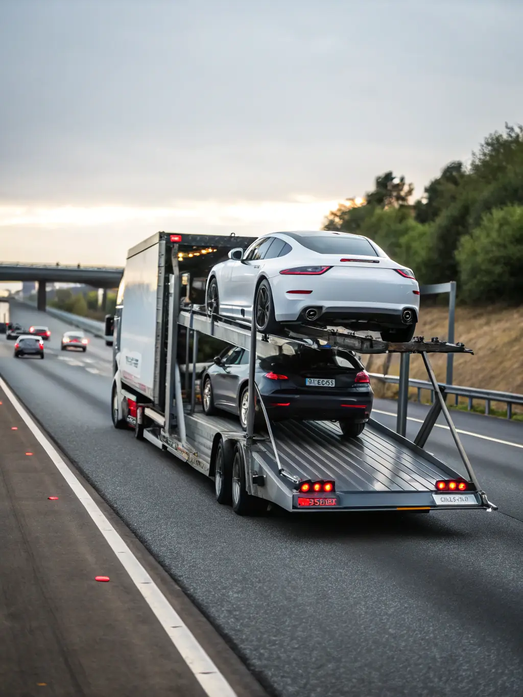 An image showcasing a variety of vehicles (cars, trucks, vans) being transported on a multi-car carrier, highlighting the range of vehicles Throttle & Shift Auto Transport can handle.