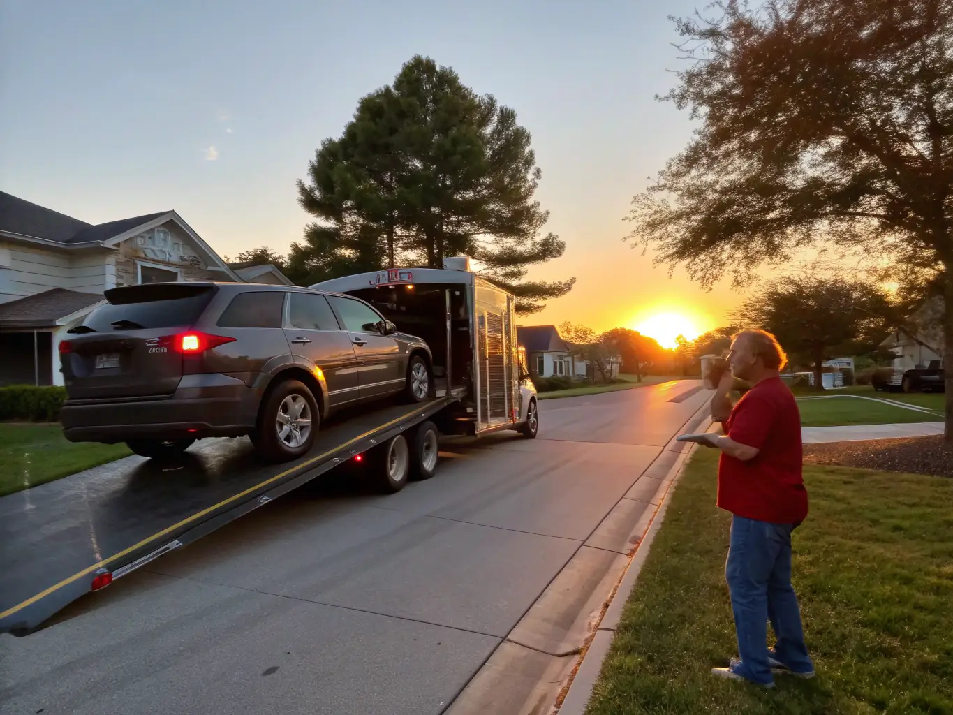 A family is shown handing over the keys to their SUV to a Throttle & Shift Auto Transport driver in front of their home, ready for person-to-person transport.