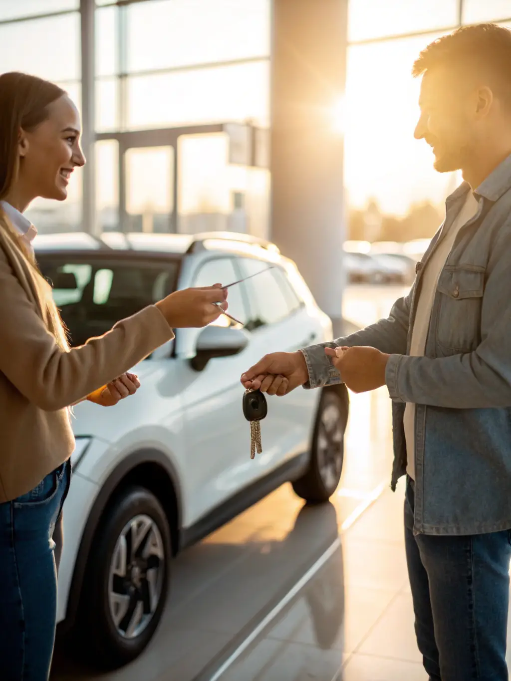 A friendly image of two individuals exchanging keys next to a Throttle & Shift Auto Transport truck, symbolizing person-to-person vehicle transport.